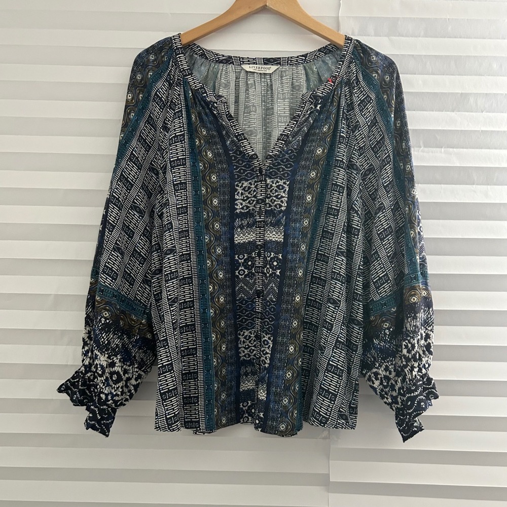 Liverpool Los Angeles Boho Mixed Print V-Neck Blouse Blue White Viscose XL